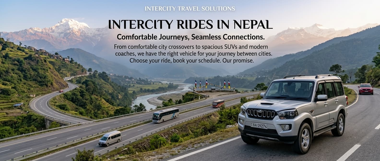 Private 4WD vehicle traversing a scenic Himalayan mountain highway in Nepal